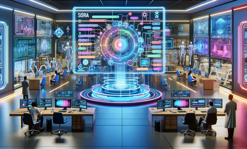 未来主义人工智能实验室，设有一个透明显示屏，上面标有一个名为'Sora - OpenAI的文字到视频转换流程'的流程图，研究人员与全息界面进行互动。