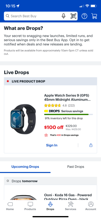 Schermata di Best Buy Drops con l'Apple Watch Series 9