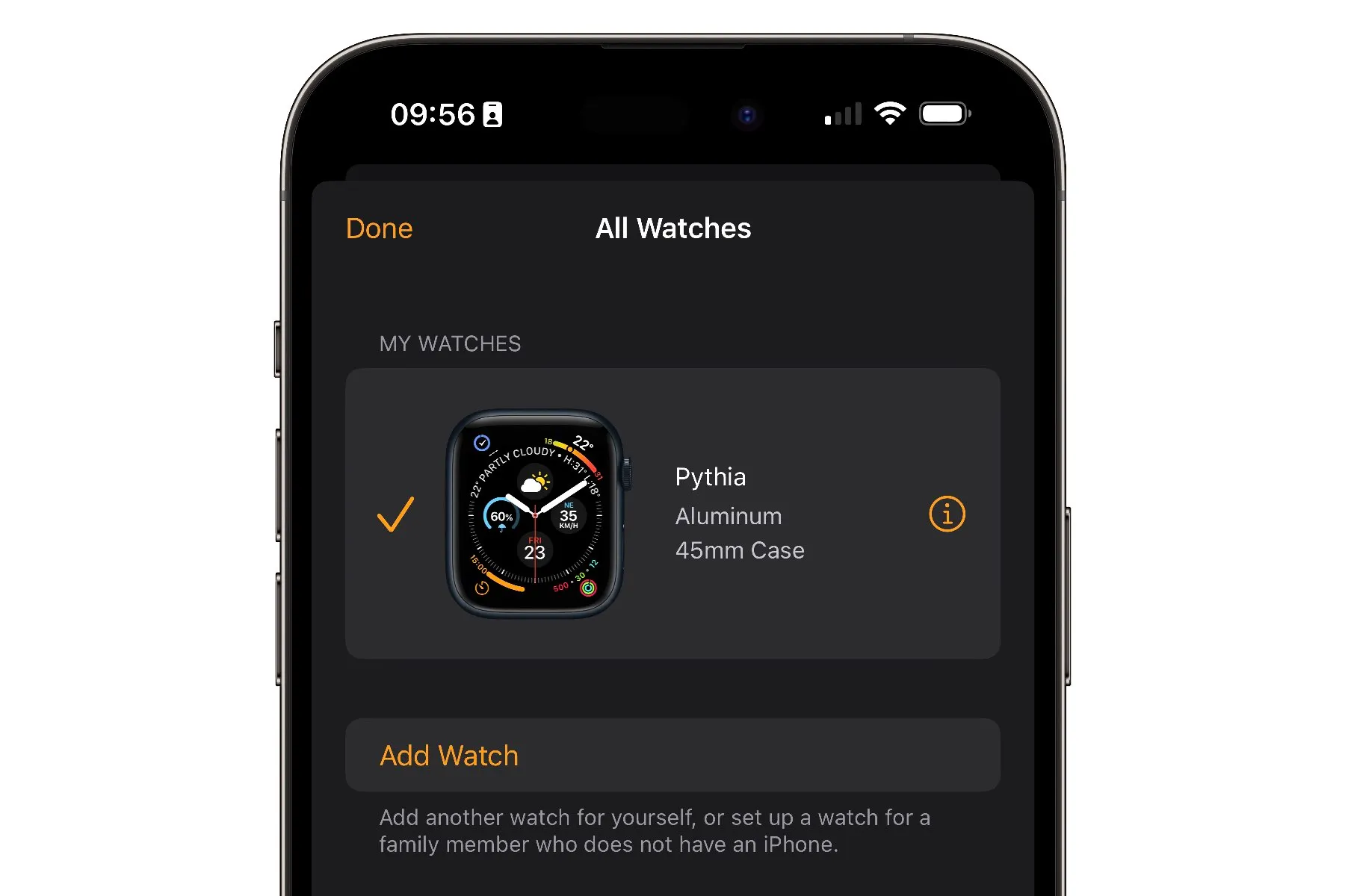 iPhone che mostra la vista Tutti gli Orologi nell'app Watch.