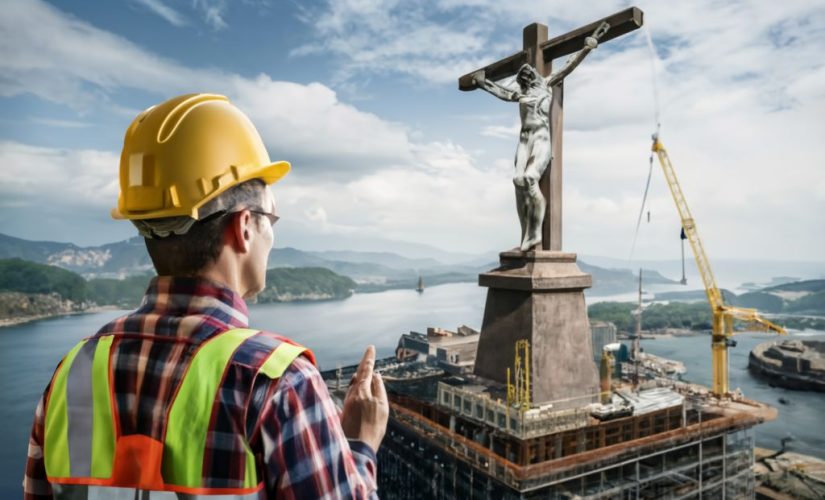 Constructor construyendo una estatua de Cristo