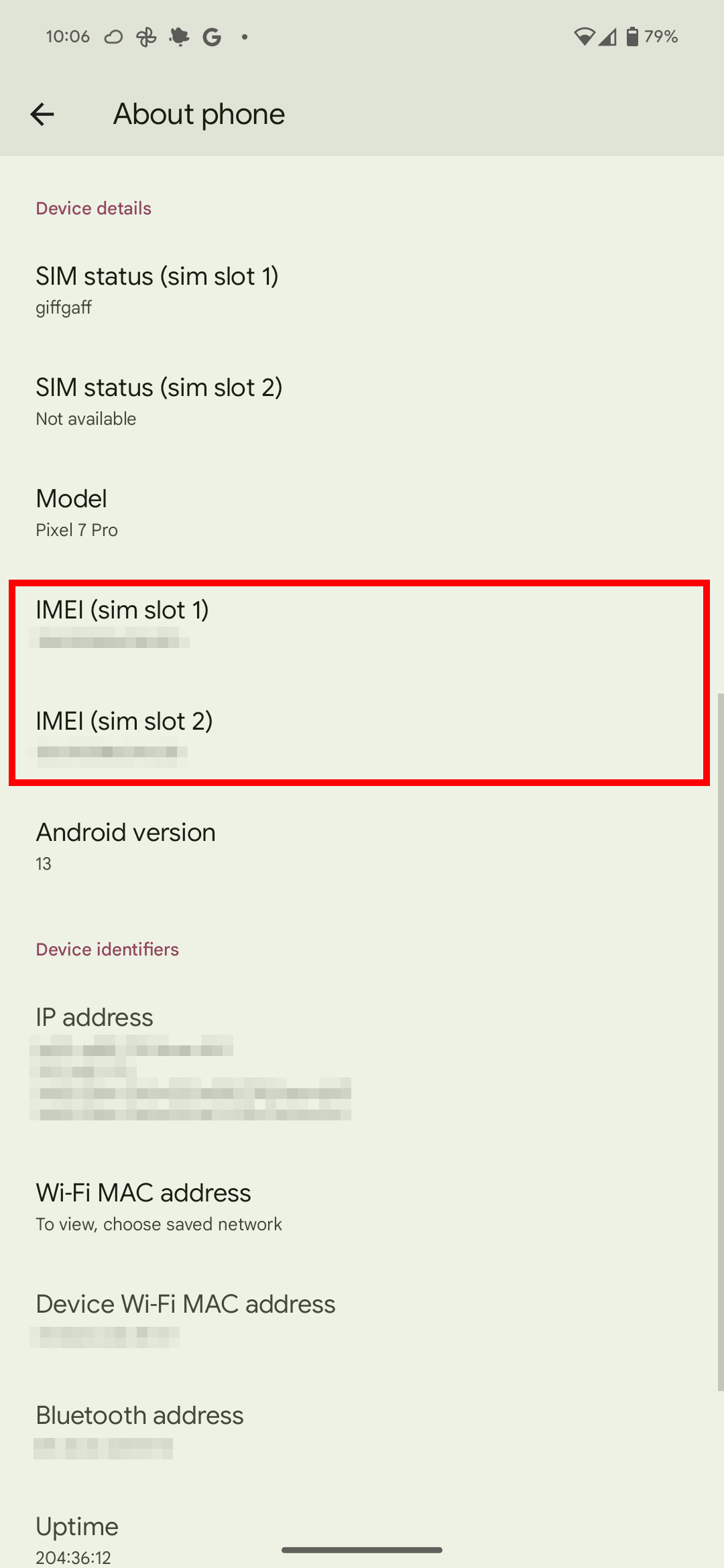Найденный IMEI-номер в меню Настроек Android.