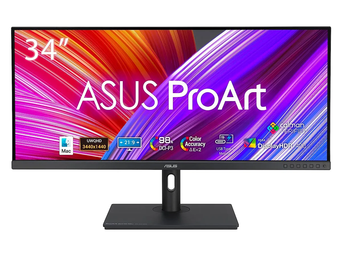 Монитор ASUS ProArt с широким экраном 34 дюйма на белом фоне.