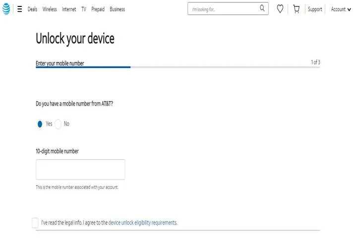 Sblocca il tuo dispositivo sul sito web di AT&T.