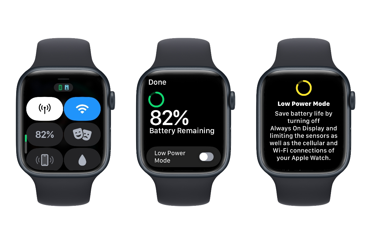 Tre Apple Watch che mostrano i passaggi per attivare la Modalità Risparmio Energetico.
