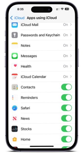 Contacts settings for iCloud on an iPhone