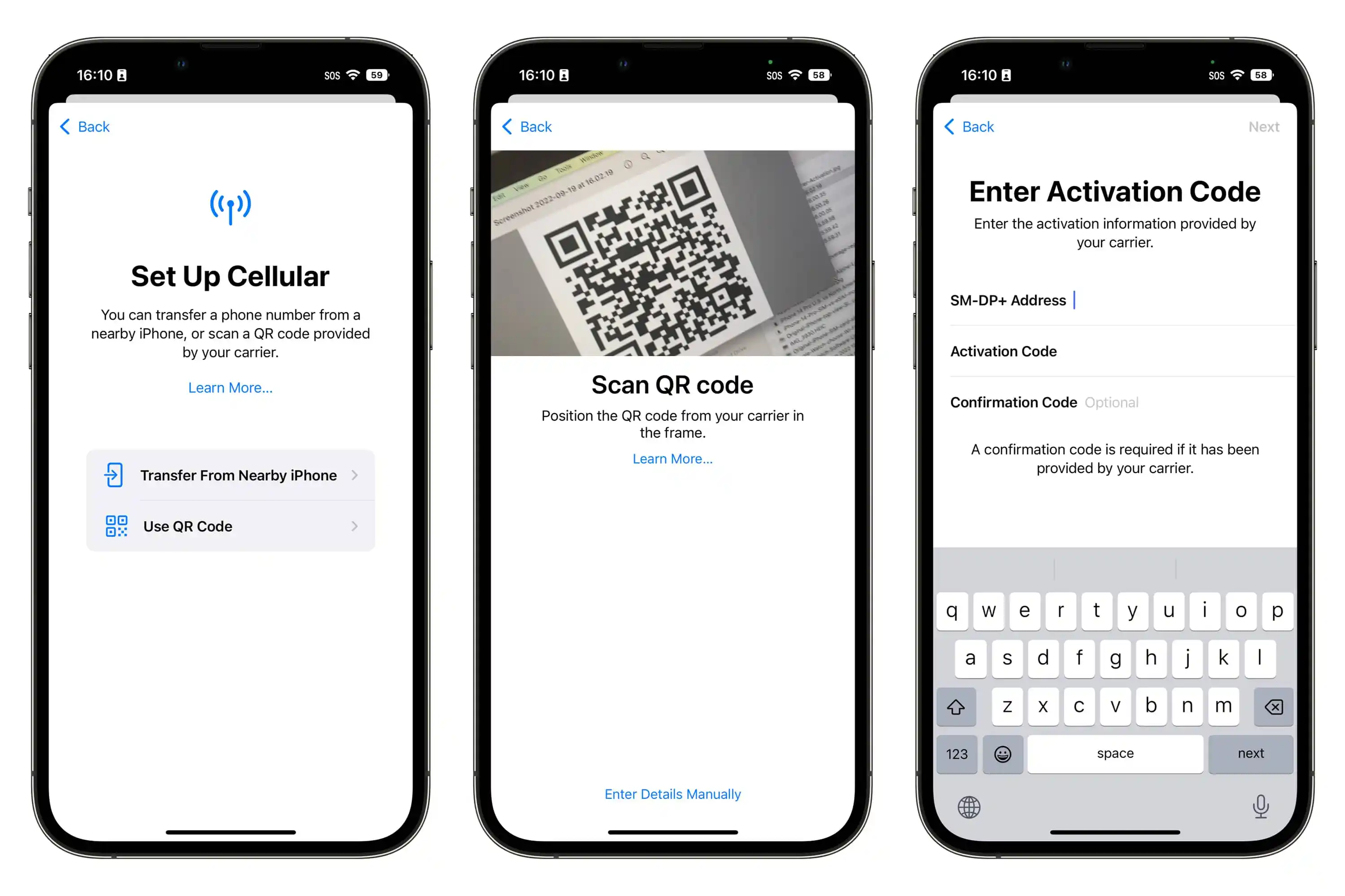 Three iPhones showing steps to configure eSIM using a QR code or entering information manually