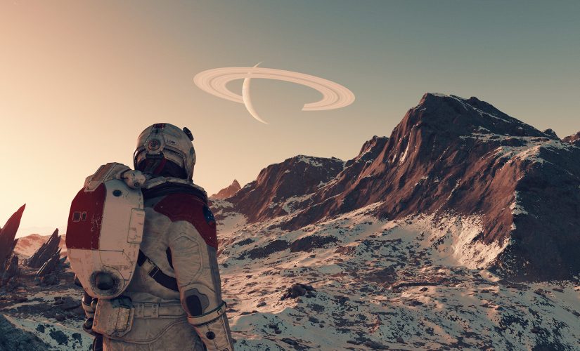 Bethesda 的 Starfield 图片，显示一名宇航员站在贫瘠星球上