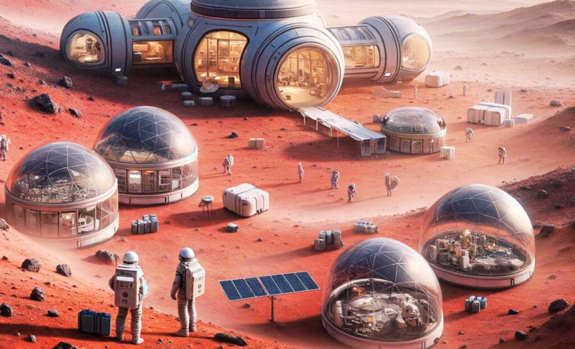 Life on Mars NASA calls for volunteers to take part in year-long simulation. AI illustration of astronauts on top of a red planet with dome space station.