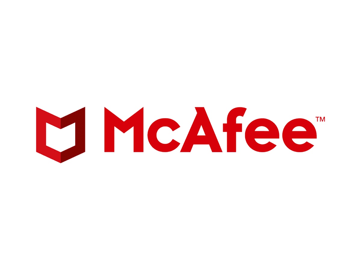 O logotipo do McAfee Antivirus em um fundo branco.