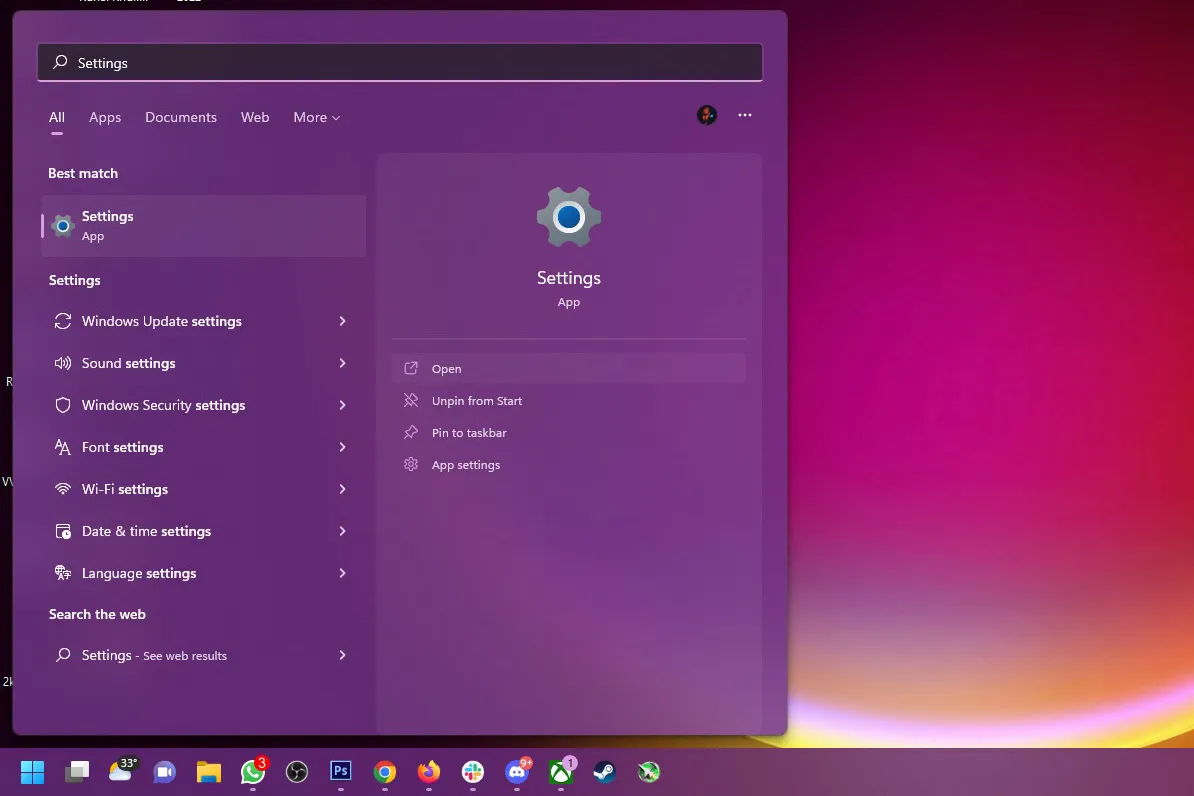 Screenshot of how to open Settings from Start menu on Windows 11