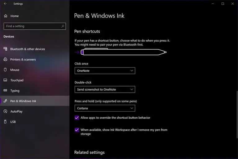 Cómo tomar una captura de pantalla en la configuración de lápiz de Microsoft Surface Windows.