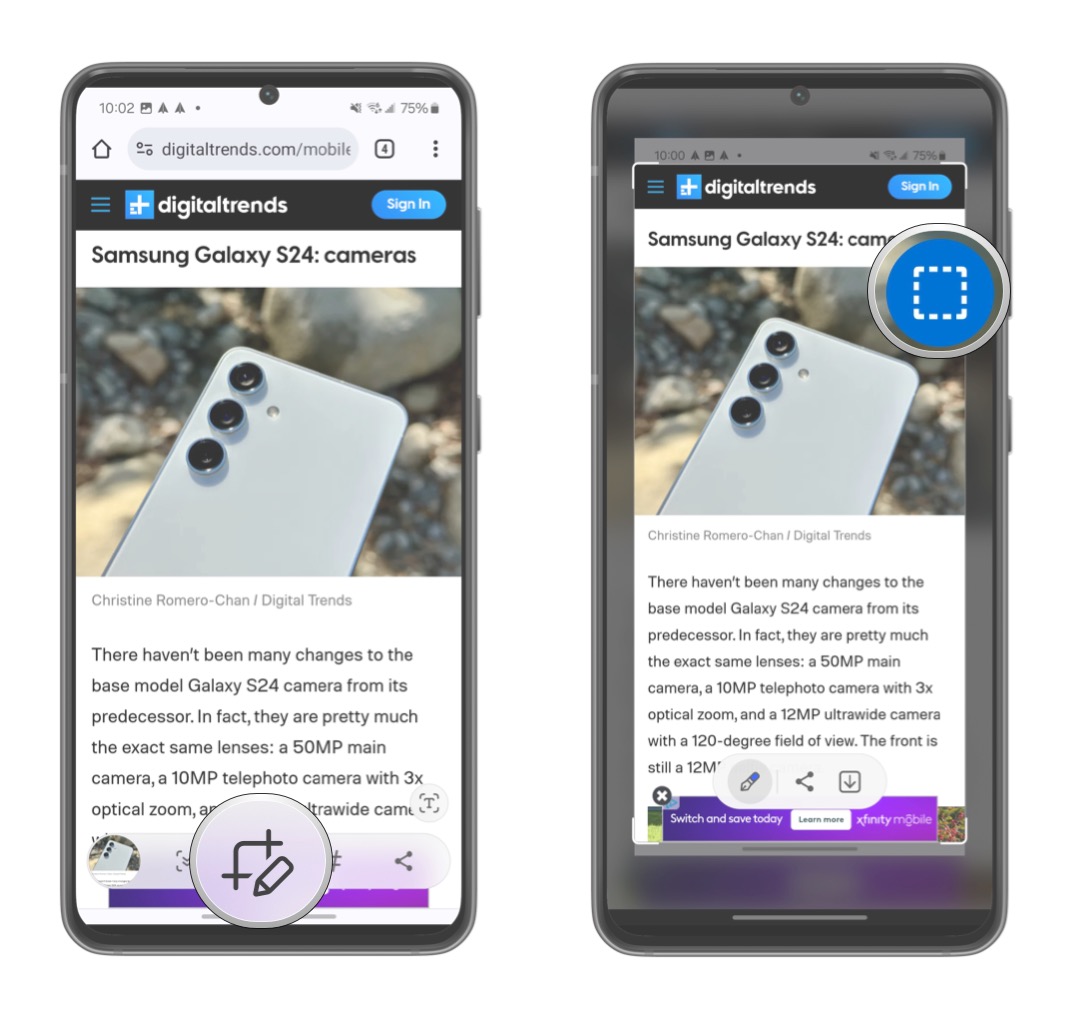 Esegui uno screenshot, quindi seleziona il pulsante smart select e scegli una sezione dello schermo da catturare, o seleziona il pulsante blu per ritagliare un'immagine.