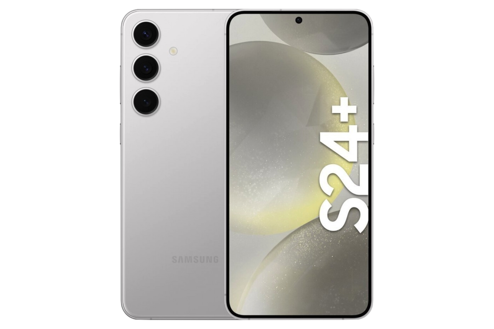 Renderização do Samsung Galaxy S24 Plus na cor prata.