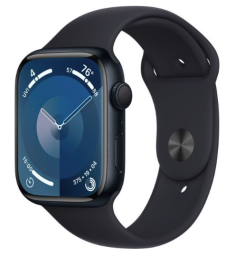 Apple Watch Series 9 с цифровым циферблатом на экране и синим ремешком