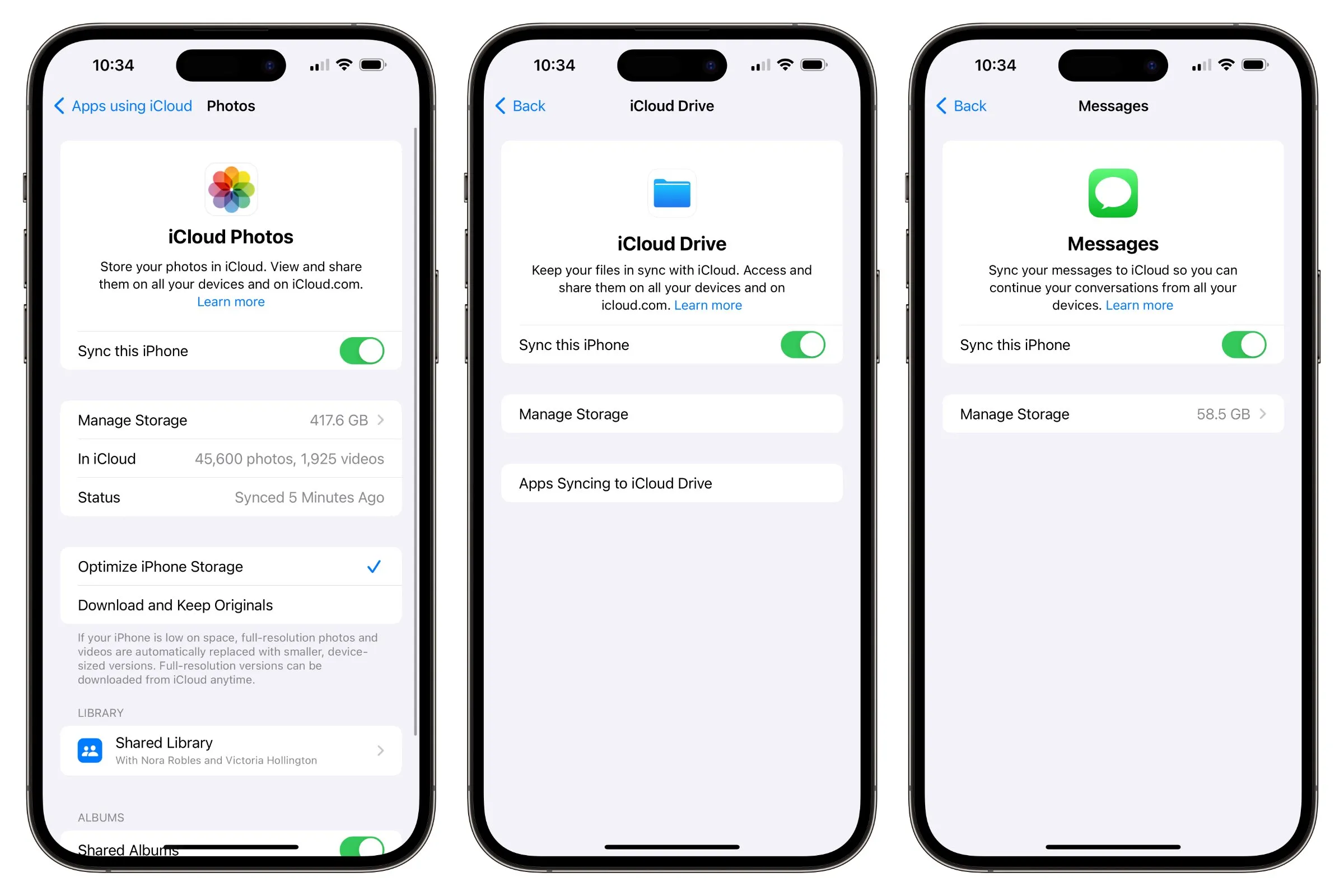 Três iPhones mostrando configurações de sincronização do iCloud para Fotos, iCloud Drive e Mensagens.