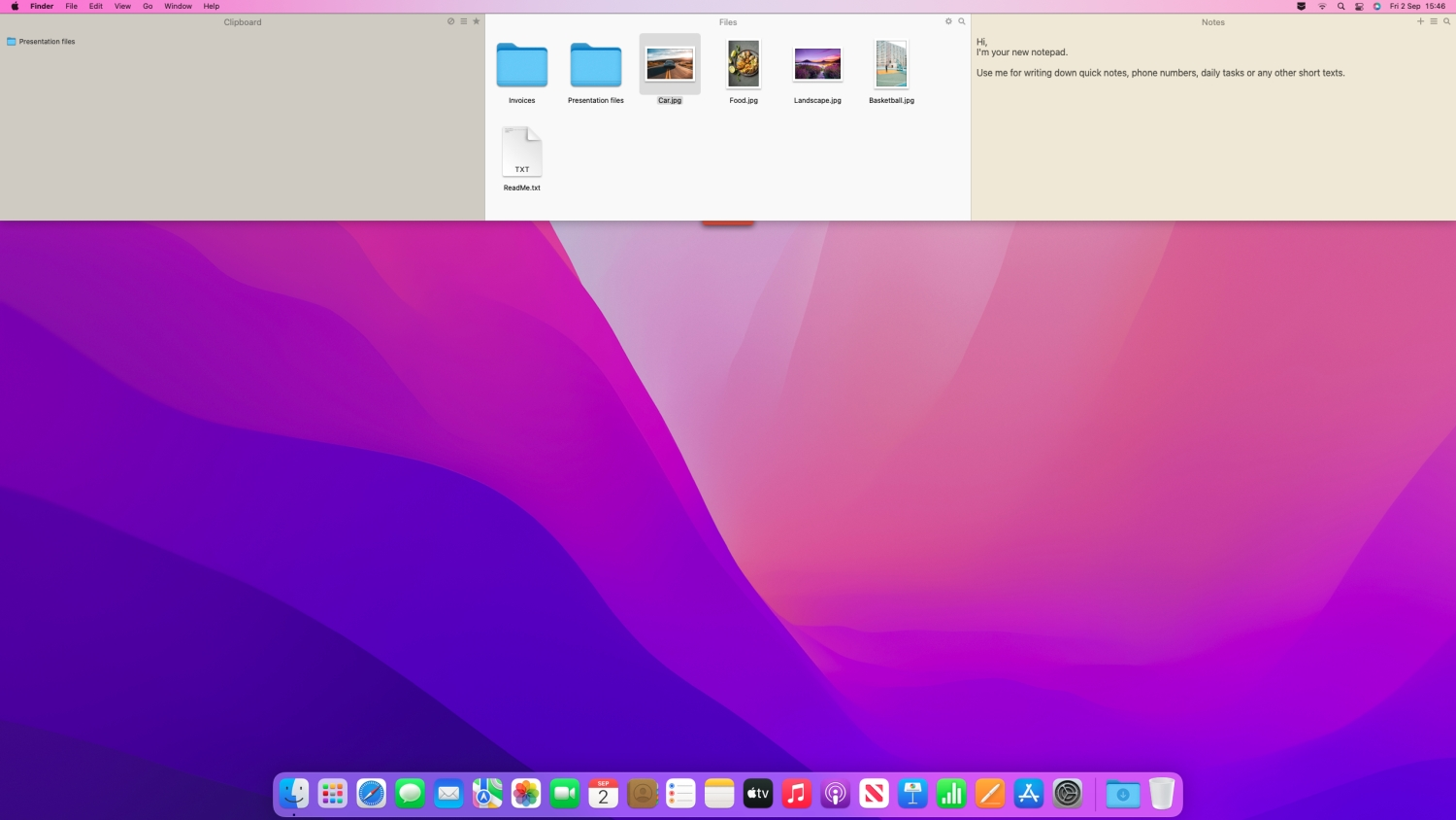 L'app Mac Unclutter che mostra il suo overlay con i file e i contenuti degli appunti interni.