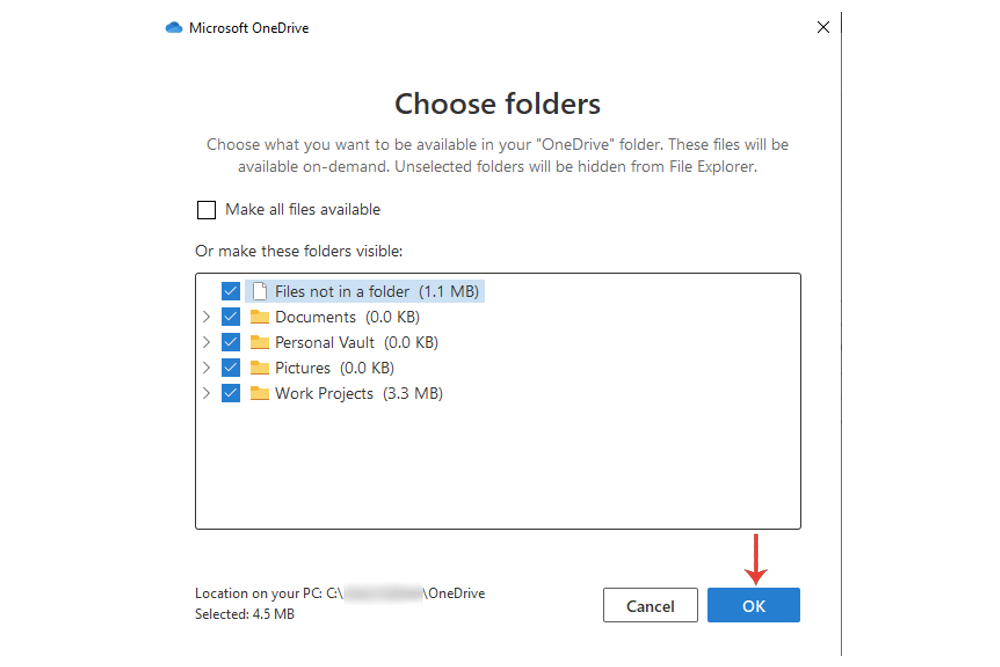 Selezione di cartelle e file da sincronizzare su OneDrive in Windows 10.