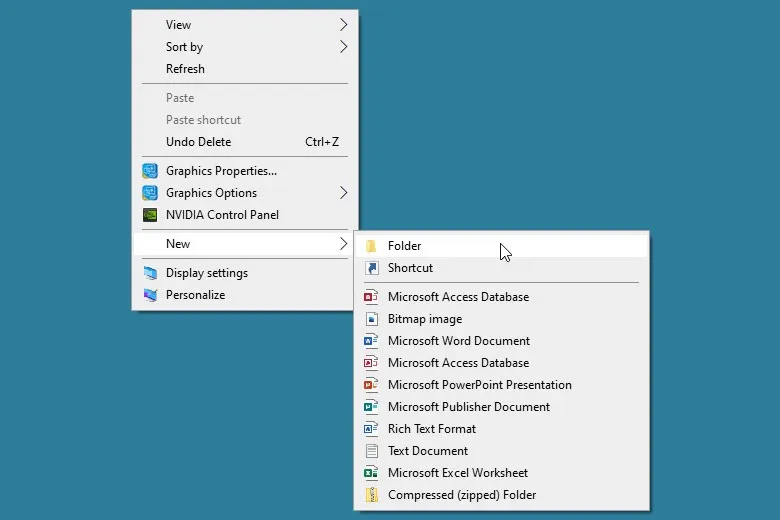 Windows桌面快捷菜单中的“新建”和“文件夹”选项。
