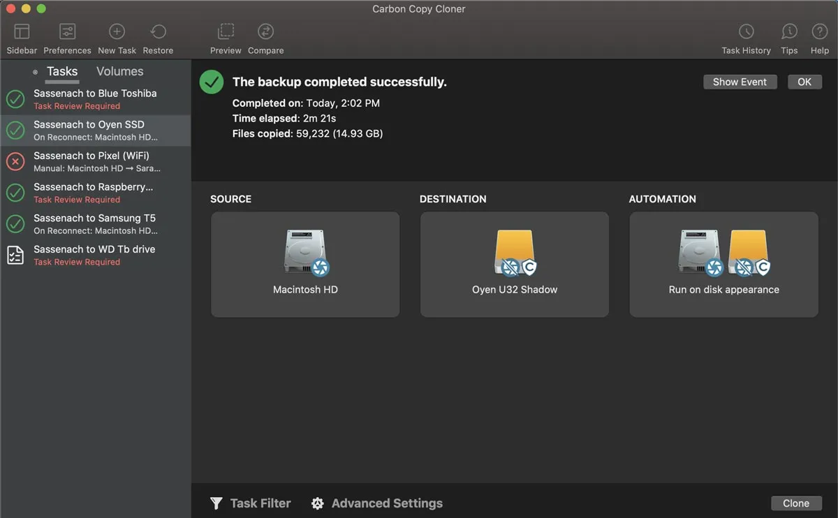 L'app Mac Carbon Copy Cloner che mostra il completamento riuscito di un backup del disco.