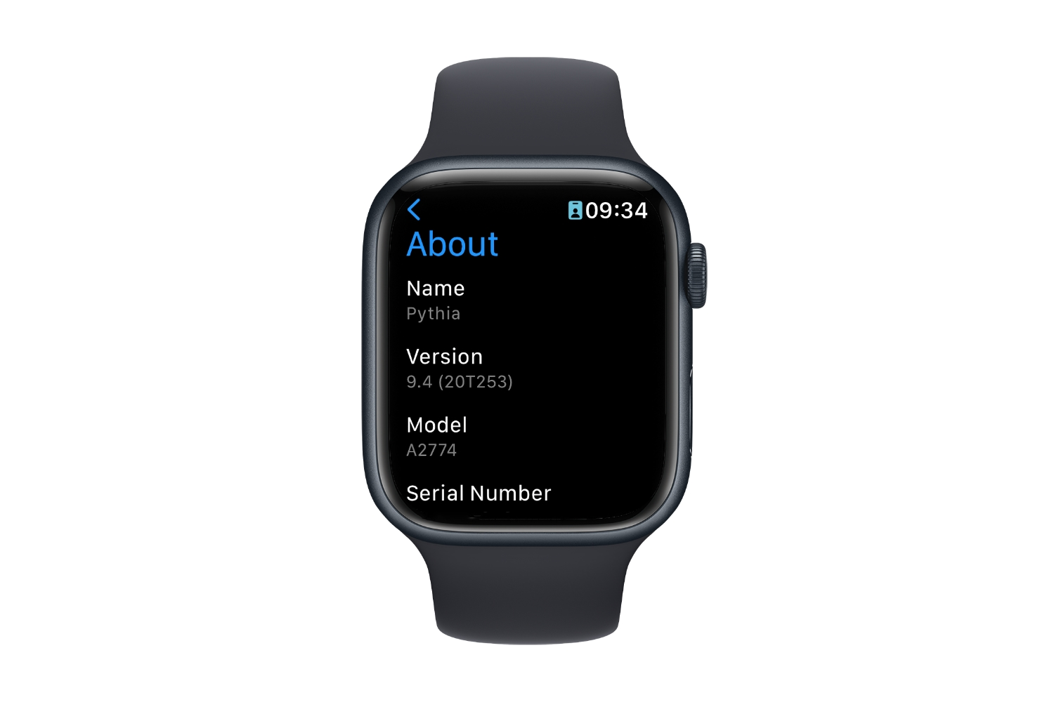 Verificando a versão do watchOS em um Apple Watch.