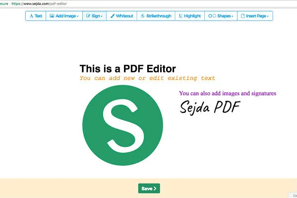 Una captura de pantalla de la aplicación web de Sejda PDF editor que muestra las diversas opciones de edición de la aplicación web y un botón de Guardar