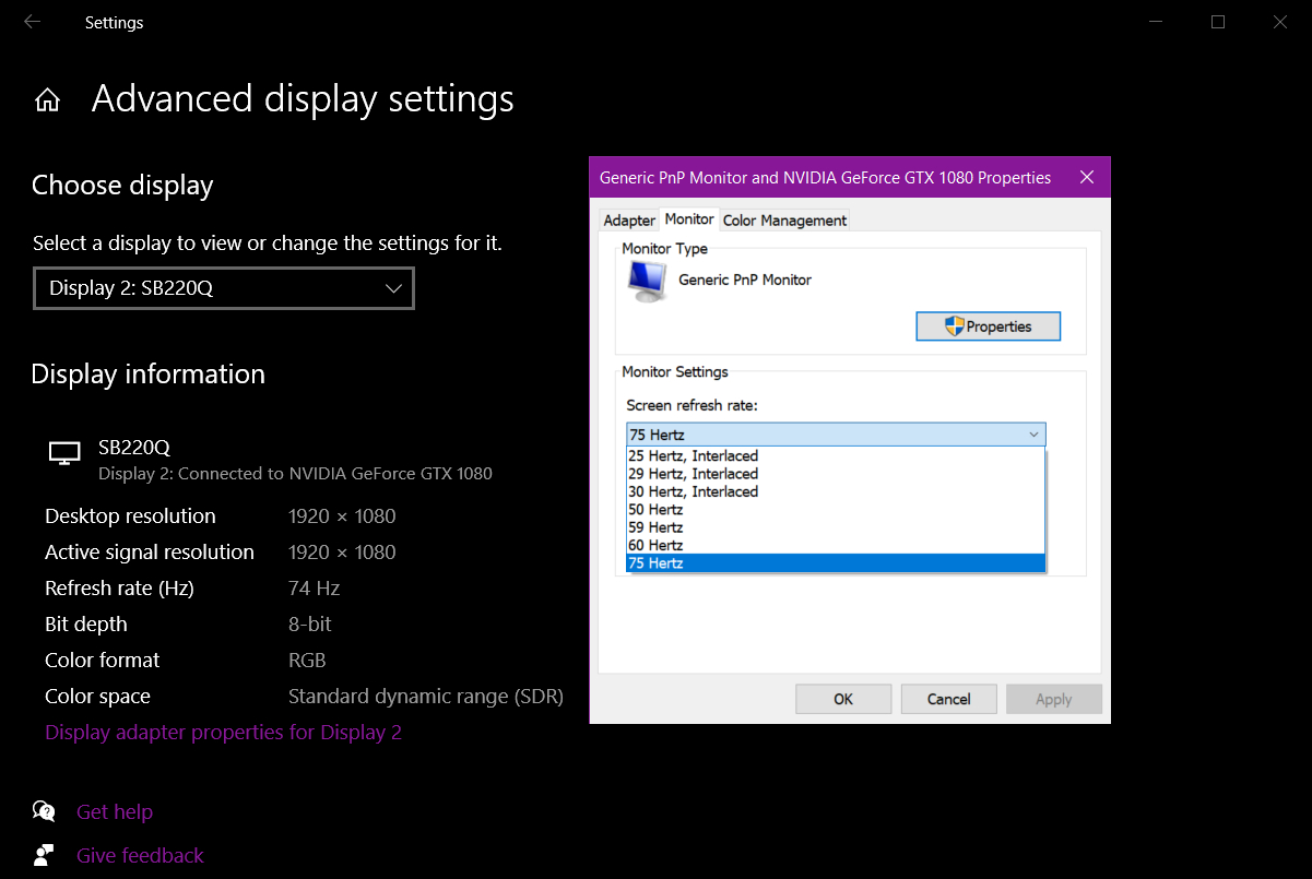 Экран изменения частоты обновления в Windows 10.