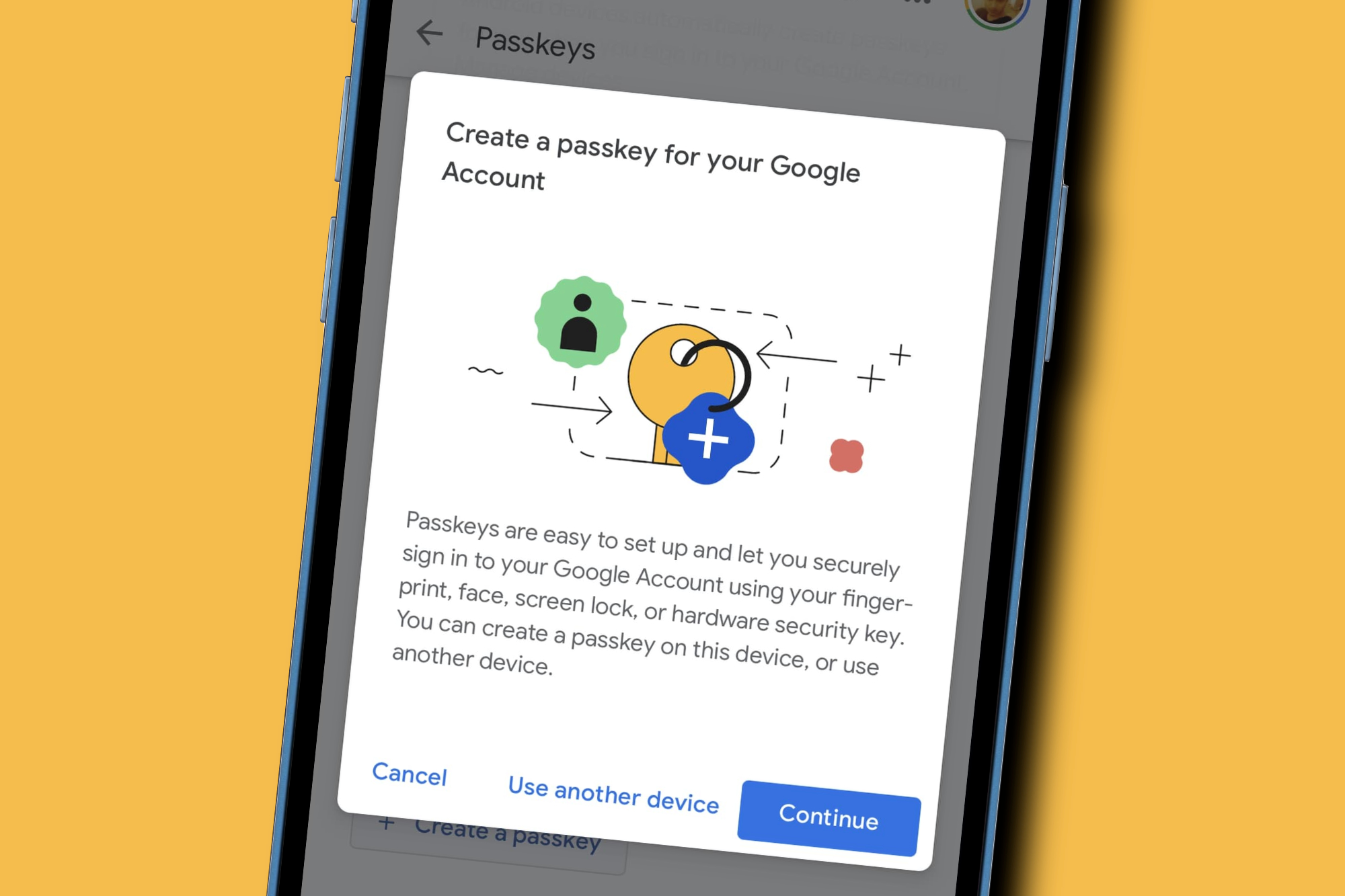 Prompt for creating a passkey for a Google account