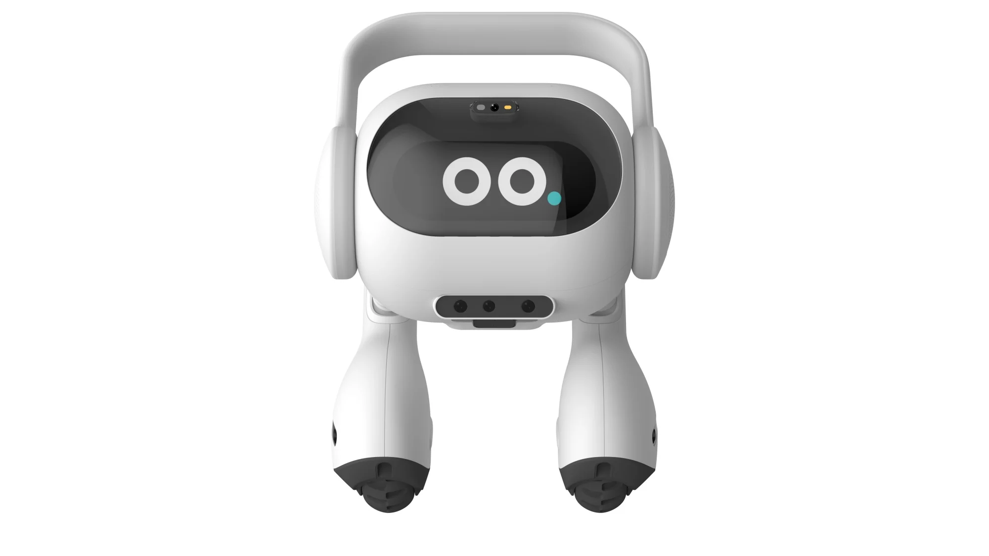 白色LG AI代表机器人，有两条腿和一个有着大圆眼睛的面孔