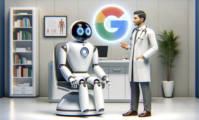 Un dottore robot AI medico futuristico che interagisce con un paziente umano in un ambiente sanitario digitale moderno