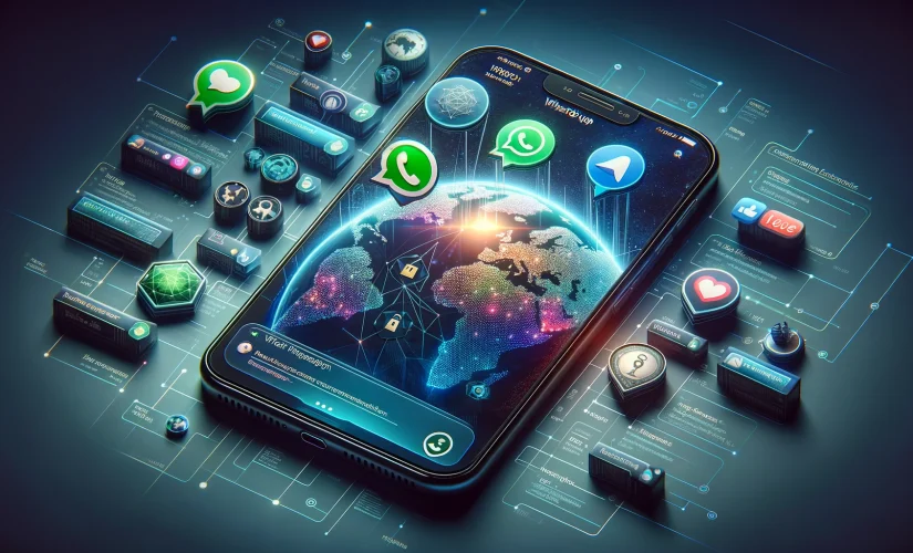 Pantalla de smartphone que muestra la interfaz de WhatsApp con mensajes integrados de iMessage, Signal y Telegram, con iconos de cifrado en un fondo que simboliza la conectividad global.