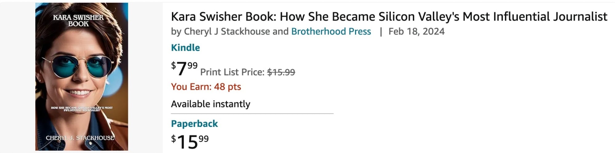 um livro sobre Kara Swisher na Amazon com uma imagem de Swisher gerada por IA