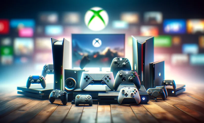 Array de dispositivos de jogos, incluindo um PC, console Xbox, PS5 e Nintendo Switch desfocados ao fundo, simbolizando a abrangência multiplataforma do Xbox Game Pass.