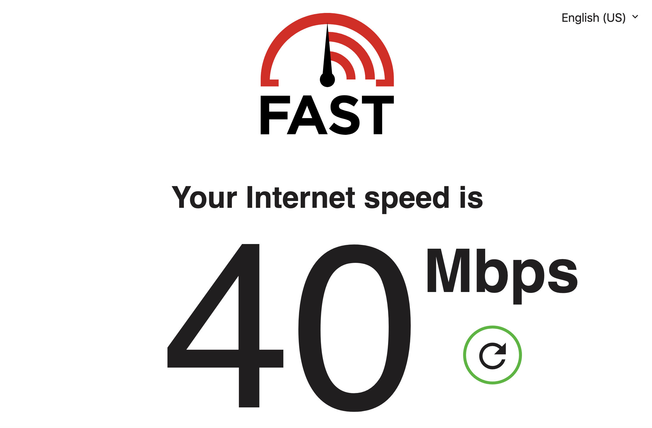 Captura de tela do Fast.com mostrando sua página de resultados simples do teste de velocidade de internet com a velocidade listada em fonte grande.