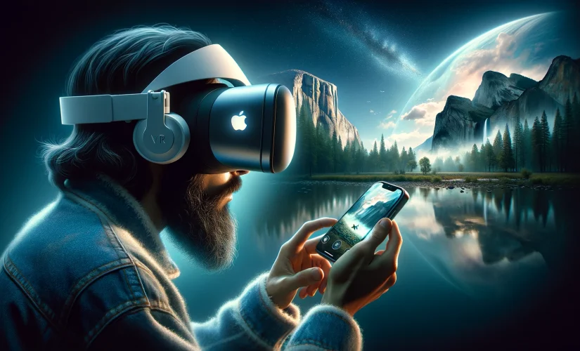 Una persona indossa una cuffia Apple Vision Pro che sperimenta un video immersivo di TikTok, con uno sfondo digitale del Parco Nazionale di Yosemite, fondendo mondi virtuali e reali.