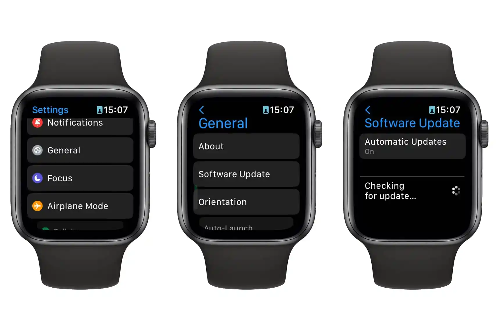 Tre Apple Watch che mostrano schermate degli aggiornamenti software.