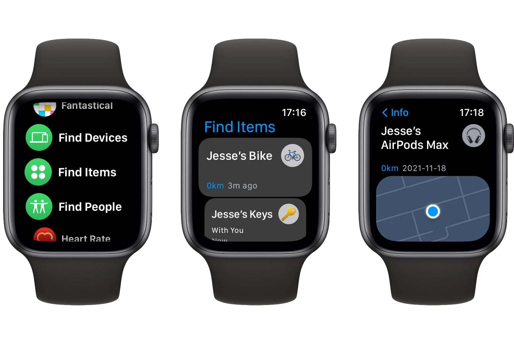 Tres Apple Watches mostrando las aplicaciones Encontrar Mis Artículos y Encontrar Mis Dispositivos.