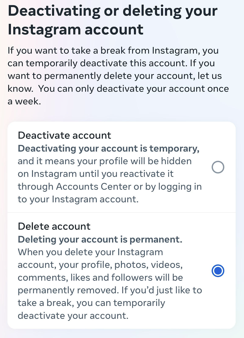 Deactivating/Deleting Instagram
