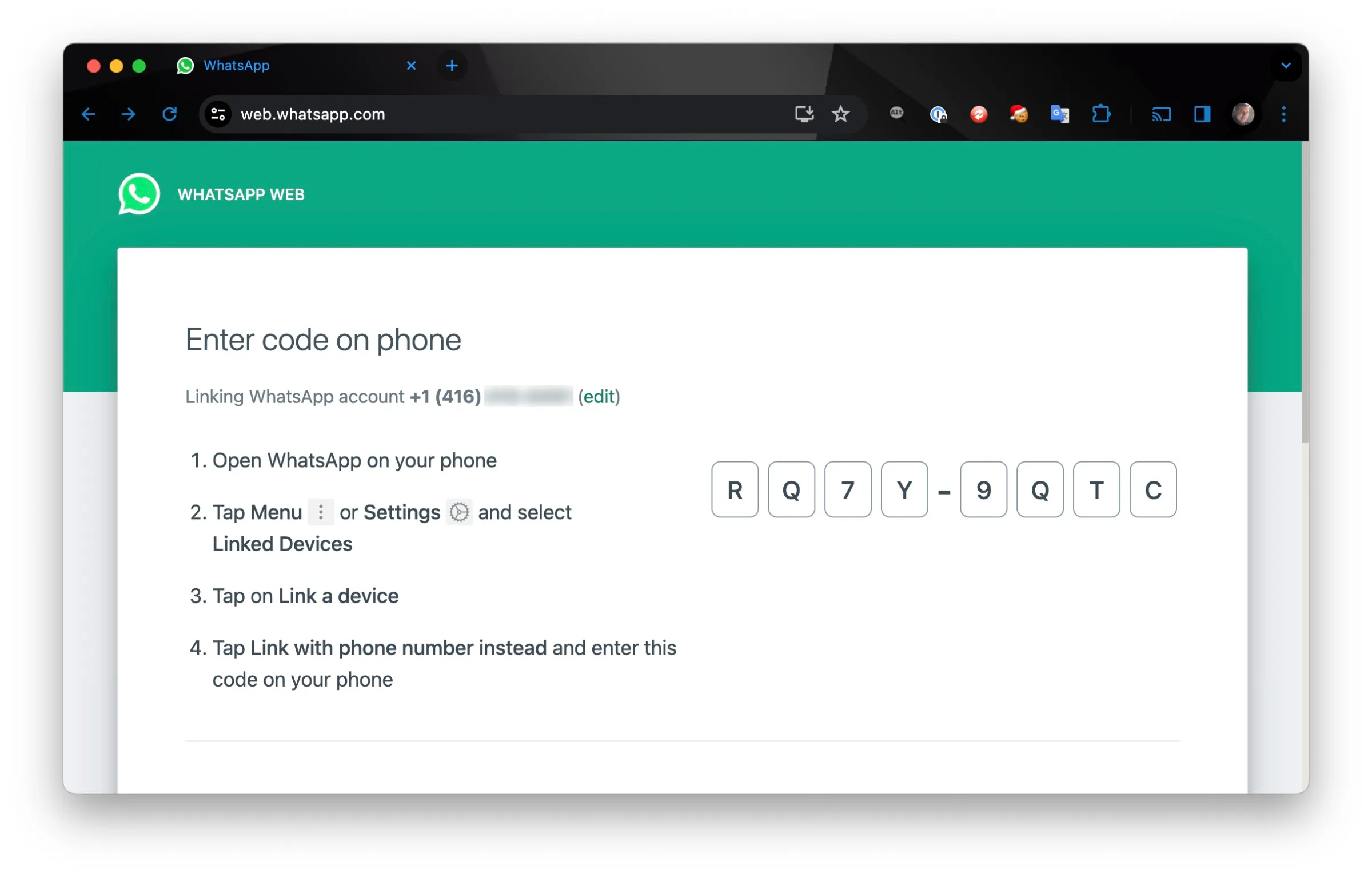WhatsApp Web связывание с номером телефона и ручной код в Chrome
