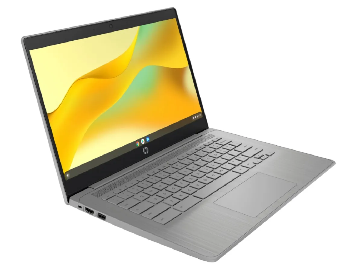 HP Chromebook 14a с желто-зеленым обои.