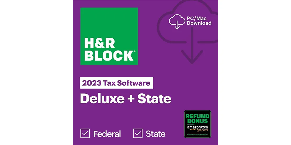 Software de impuestos H&R Block Deluxe + State 2023 sobre fondo blanco.