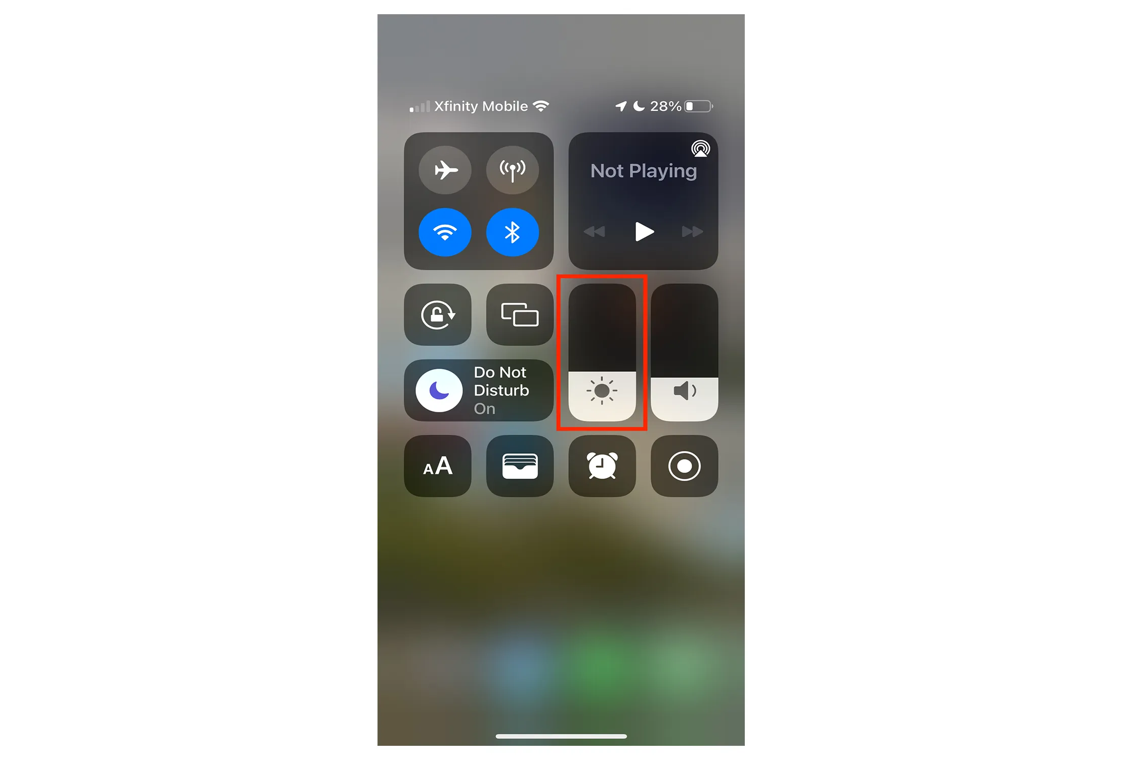 Controle de brilho do Centro de Controle do iOS