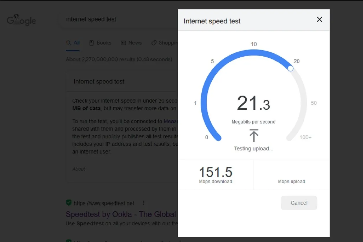 Uma captura de tela mostrando o teste de velocidade de internet do mecanismo de busca do Google em uso.
