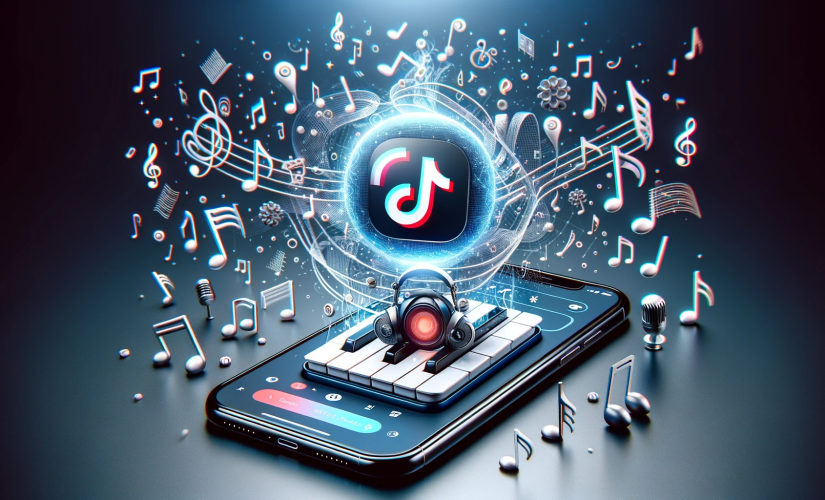Smartphone exibindo o aplicativo TikTok com o novo recurso de música AI, cercado por notas musicais e símbolos de IA.