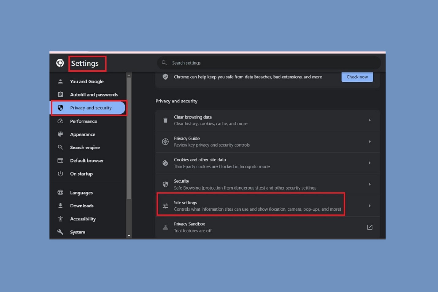 Google Chrome Privacy and Security settings on Windows 11