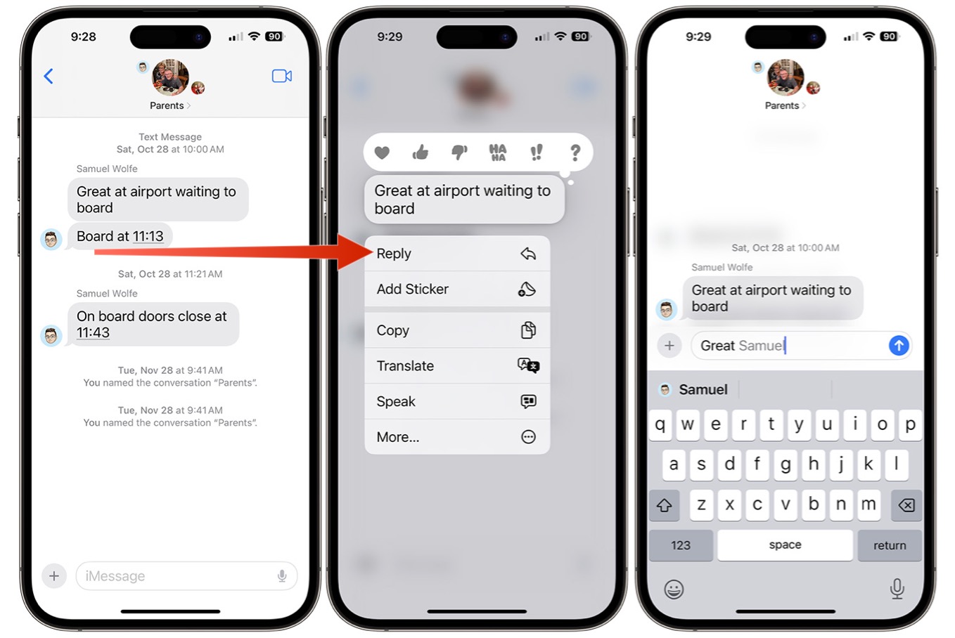 Captura de tela mostrando como responder a um thread no iPhone.