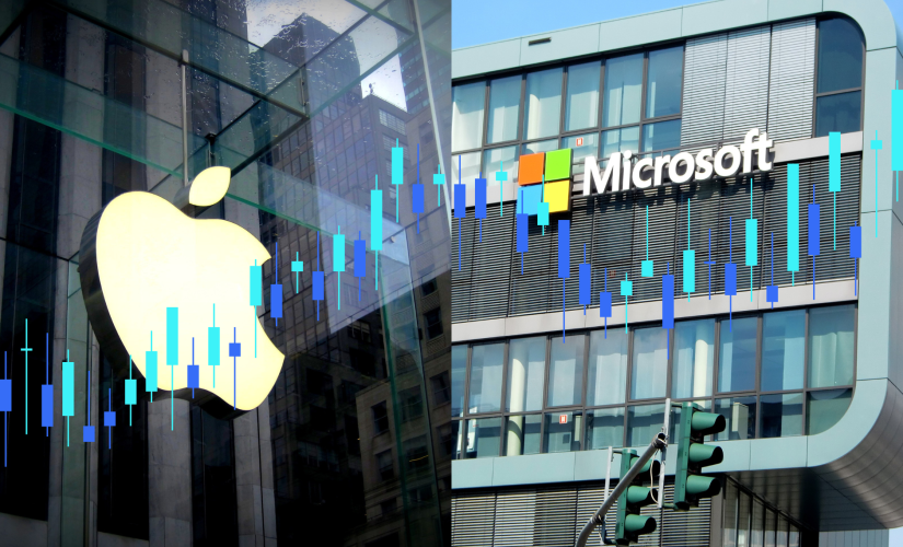 Prédios da Microsoft e Apple lado a lado com gráfico de mercado em cima