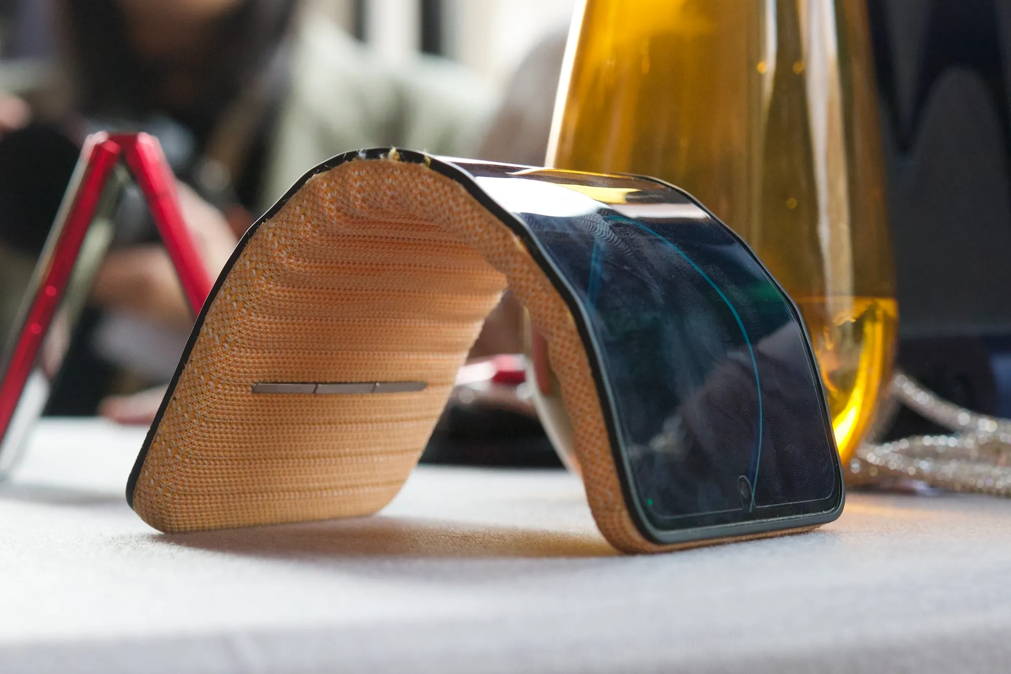 Motorola’s concept folding phone sitting on a table.