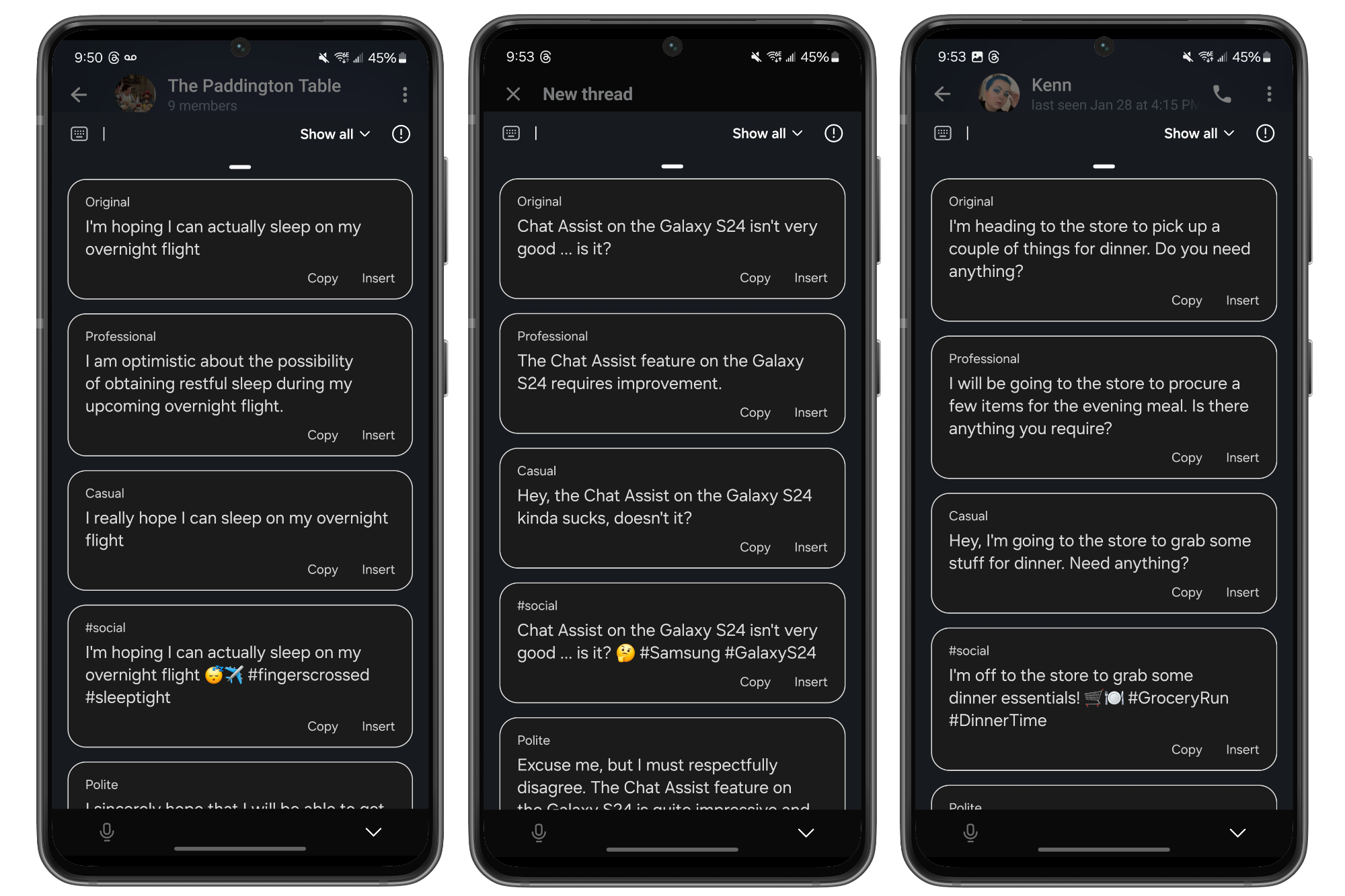 Capturas de tela de exemplos do Chat Assist do Samsung Galaxy S24.