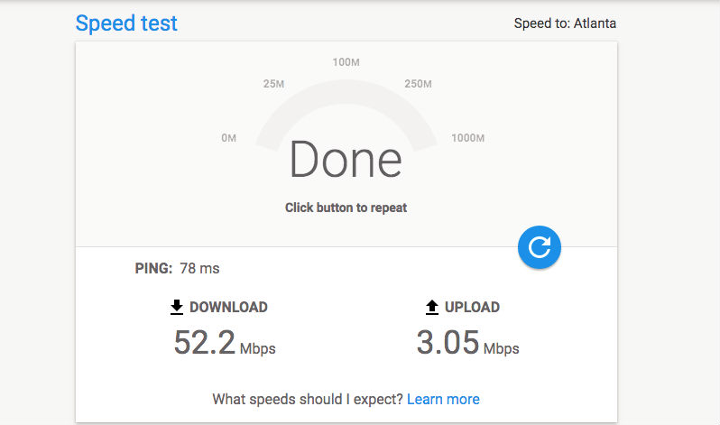 Снимок экрана теста скорости Google Fiber, показывающий его страницу с результатами после завершения теста скорости интернета.