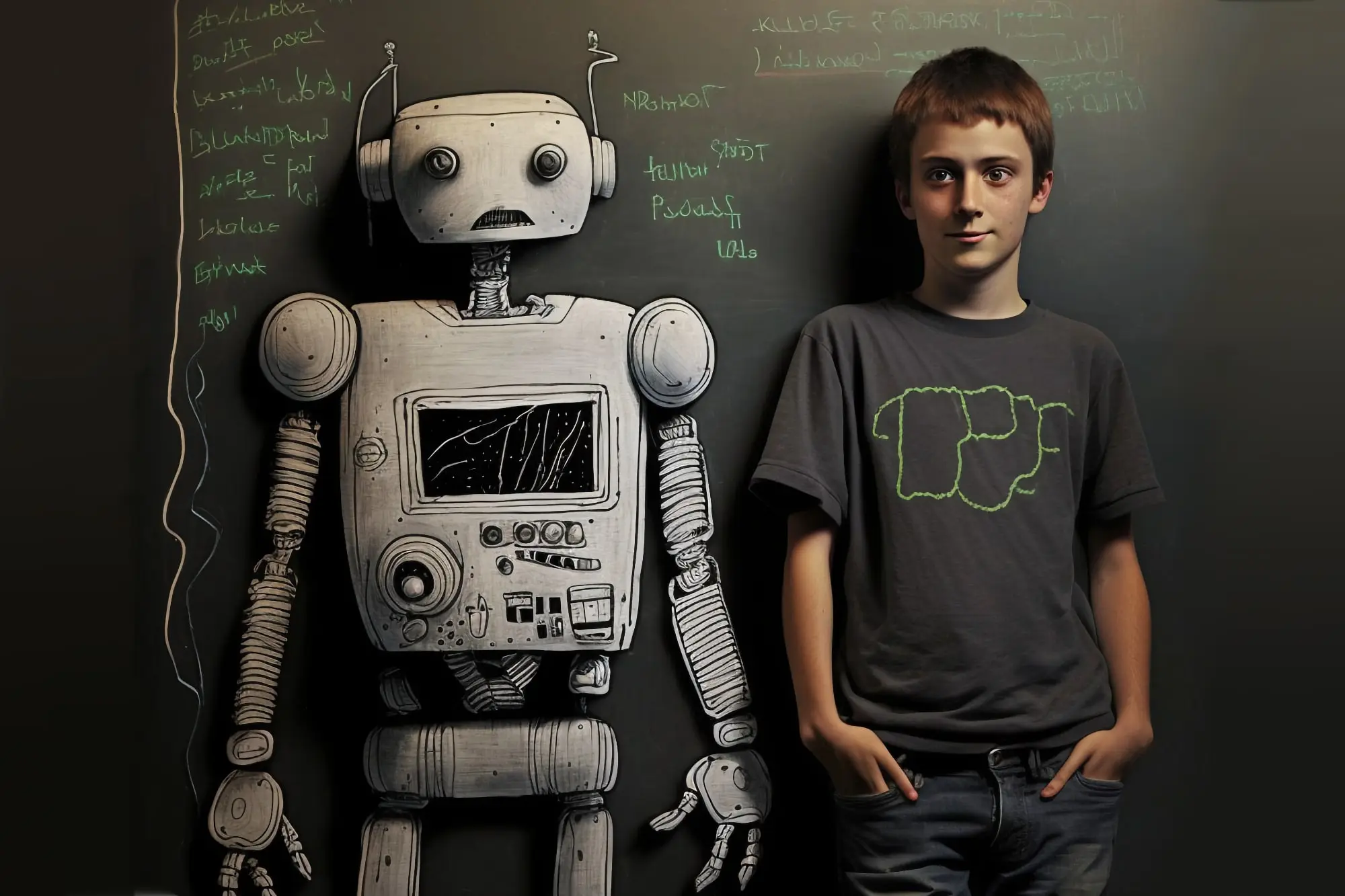 Un rendering di MidJourney di uno studente e il suo amico robot davanti a una lavagna.